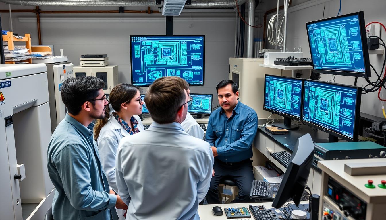 Engineers and technicians working in semiconductor research facilities Engineers and technicians working in semiconductor research facilities