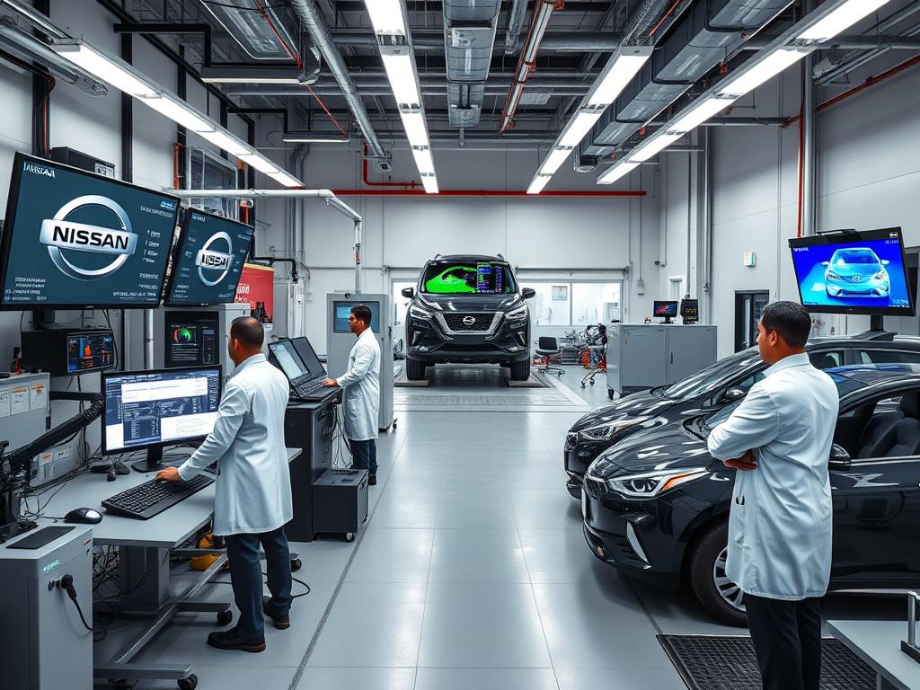 Engineers testing hybrid car race technology in a laboratory setting with diagnostic equipment monitoring performance Engineers testing hybrid car race technology in a laboratory setting with diagnostic equipment monitoring performance