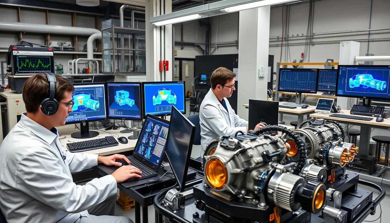 Engineers working on next-generation hybrid powertrains in research facilities, representing the ongoing hybrid car race between manufacturers Engineers working on next-generation hybrid powertrains in research facilities, representing the ongoing hybrid car race between manufacturers