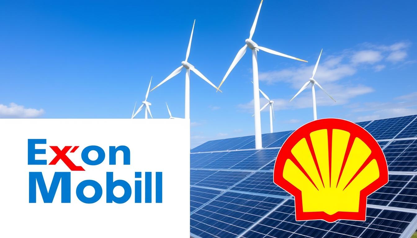 ExxonMobil and Shell logos with clean energy transition elements in background