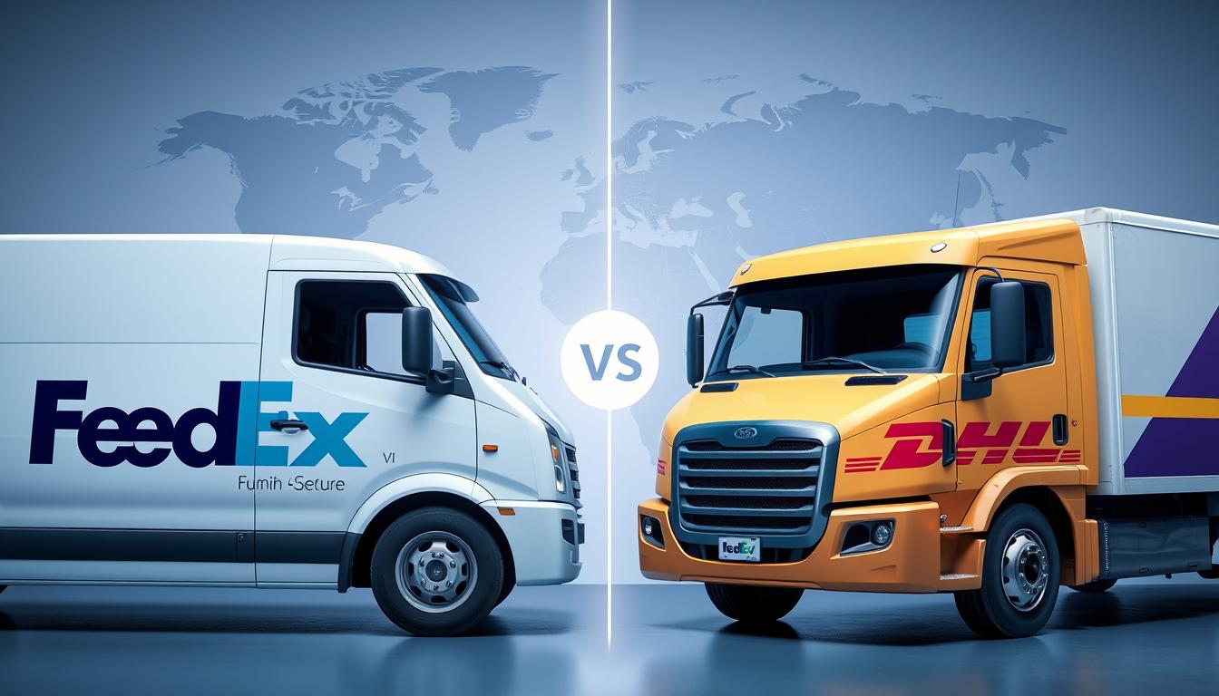 FedEx vs DHL faster shipping services comparison showing both company logos and delivery vehicles