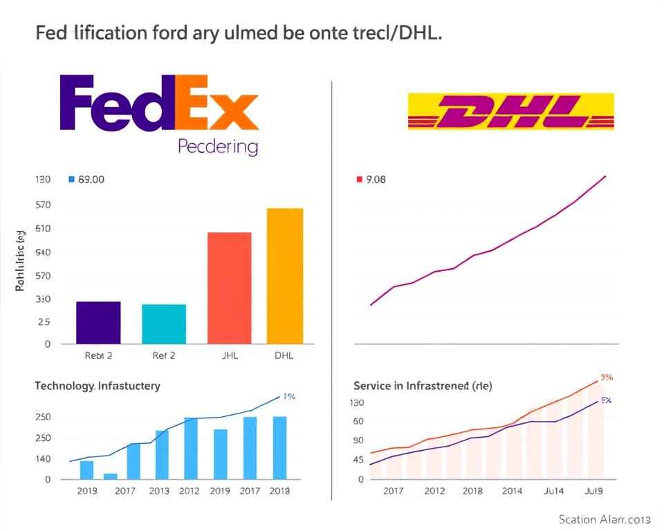 Financial comparison chart of FedEx vs DHL showing revenue, growth, and investment in faster shipping services
