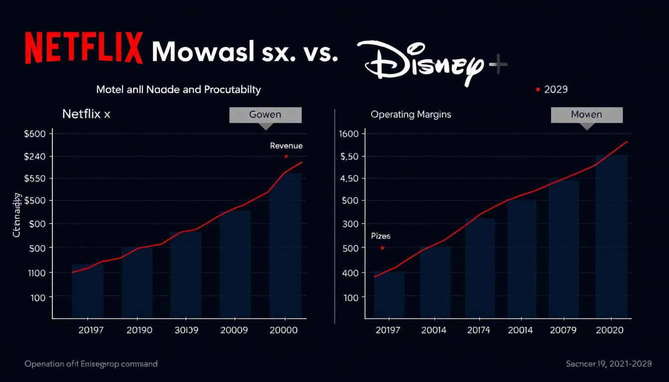 Financial comparison chart showing revenue models and profitability trajectories for Netflix and Disney+ Financial comparison chart showing revenue models and profitability trajectories for Netflix and Disney+