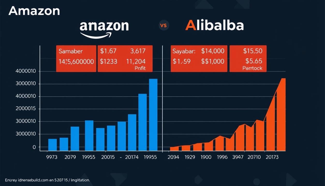 Financial performance charts comparing Amazon and Alibaba revenue and profit growth