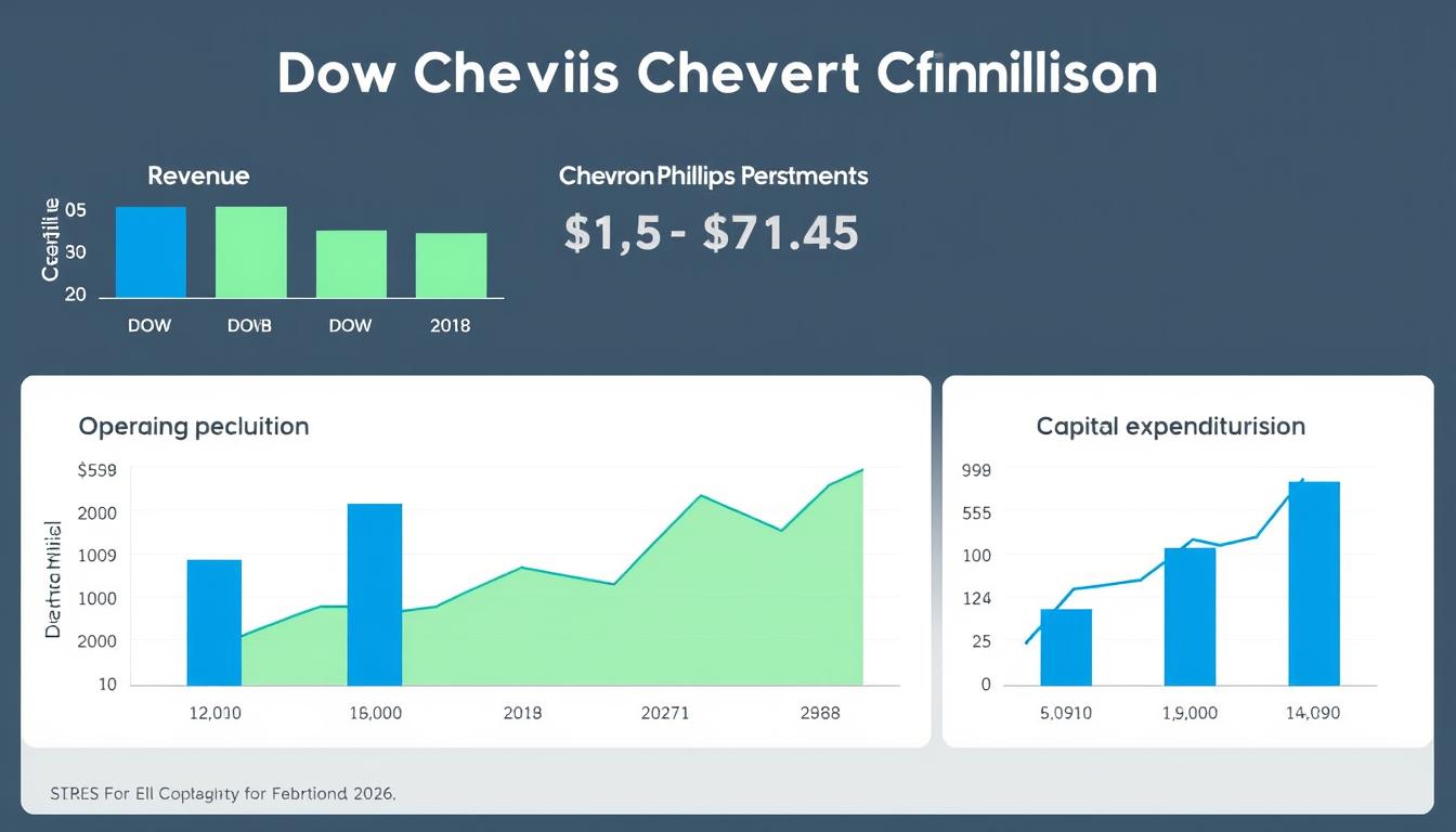 Financial performance charts comparing Dow and Chevron Phillips Chemical revenue, profit margins, and capital expenditures Financial performance charts comparing Dow and Chevron Phillips Chemical revenue, profit margins, and capital expenditures