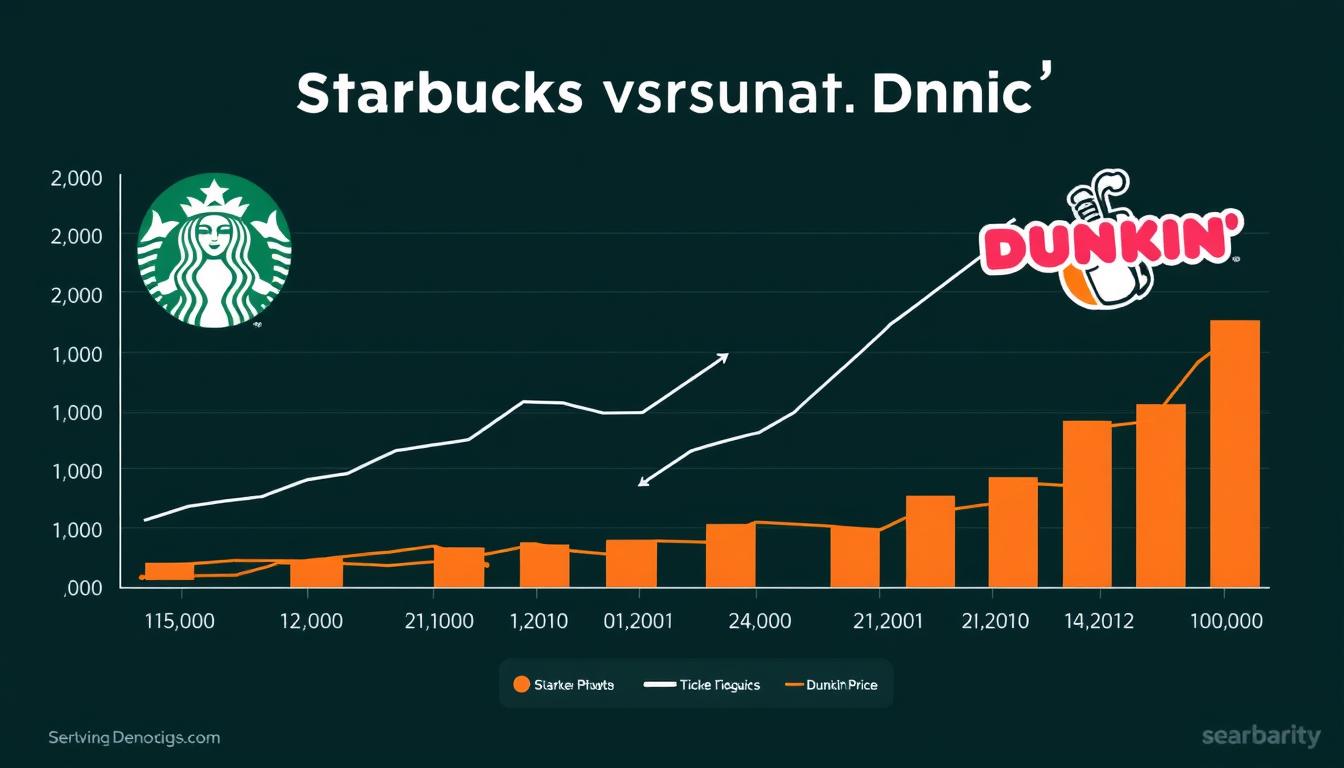 Financial performance graph comparing Starbucks vs Dunkin' revenue growth and store expansion over time