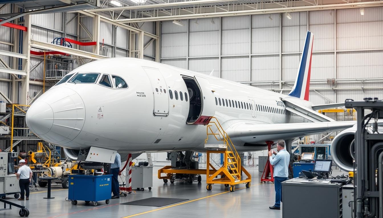 French aerospace facility showing Airbus aircraft production with high-tech components French aerospace facility showing Airbus aircraft production with high-tech components