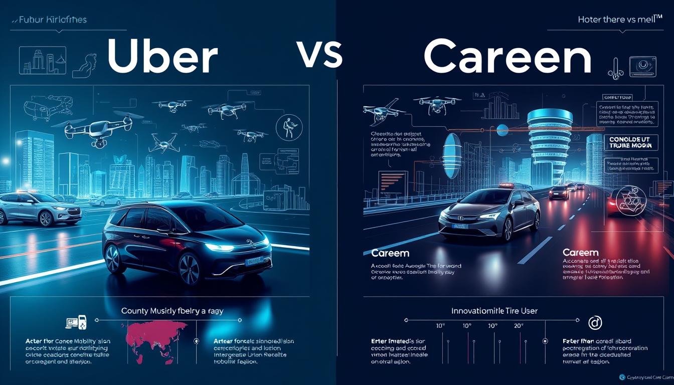 Future mobility vision comparison between Uber and Careem showing autonomous vehicles and drone delivery
