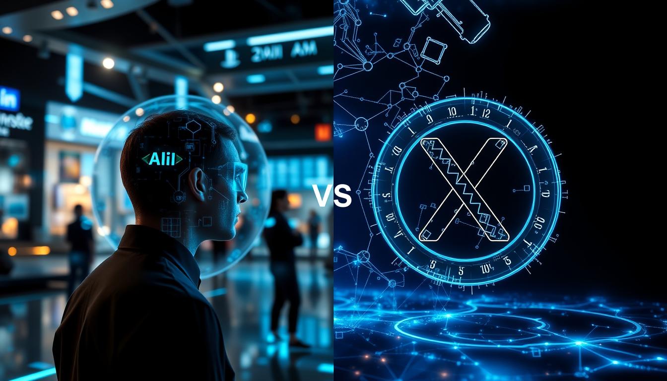 Futuristic concept showing LinkedIn vs X business market evolution with AI and emerging technologies