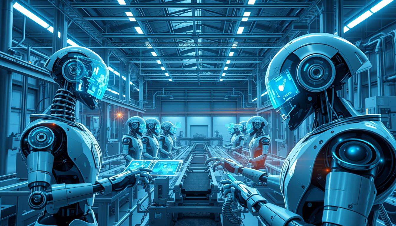 Futuristic manufacturing facility showing advanced automation and AI integration representing the future of manufacturing