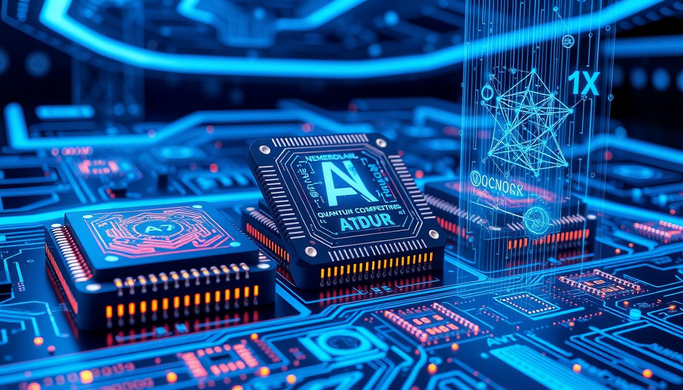 Futuristic semiconductor technology concept with AI and quantum computing elements Futuristic semiconductor technology concept with AI and quantum computing elements