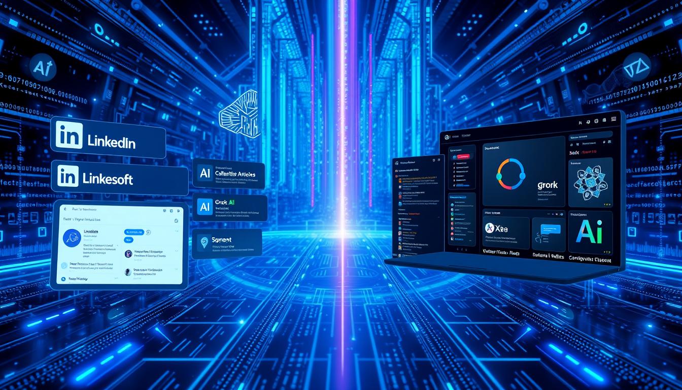 Futuristic visualization of LinkedIn vs X business market AI and technology innovations