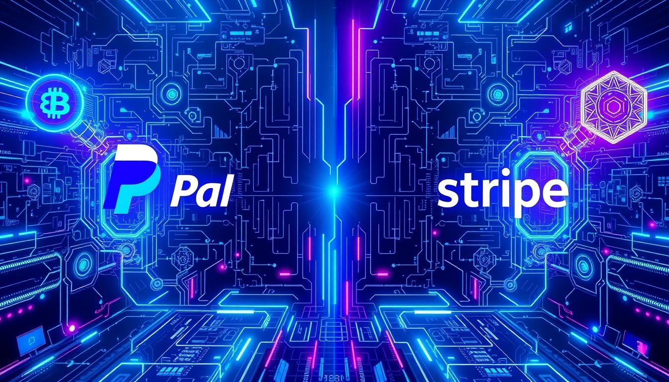 Futuristic visualization of PayPal vs Stripe technology innovation showing AI, blockchain, and payment infrastructure Futuristic visualization of PayPal vs Stripe technology innovation showing AI, blockchain, and payment infrastructure