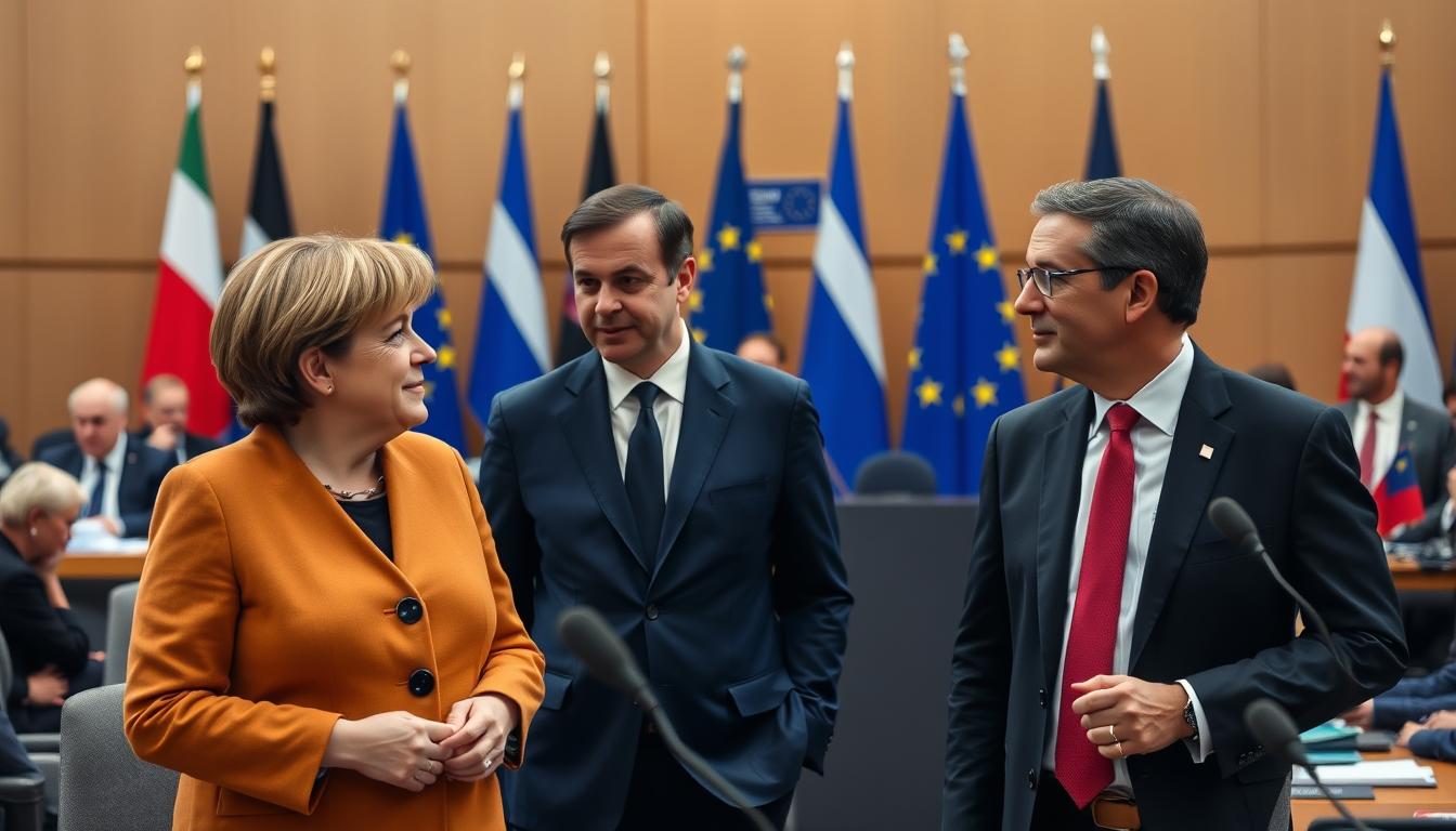 German Chancellor and French President at EU summit showing their leadership roles German Chancellor and French President at EU summit showing their leadership roles