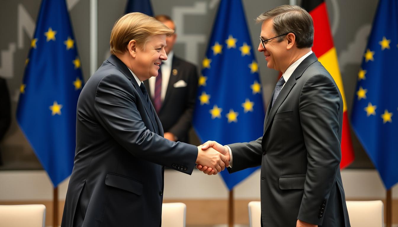 German Chancellor and French President shaking hands with EU flags in background German Chancellor and French President shaking hands with EU flags in background