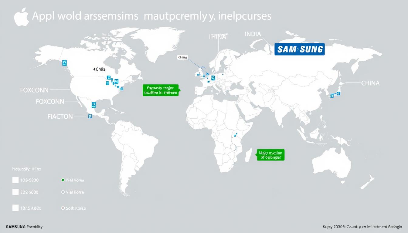 Global manufacturing facilities map for Apple and Samsung showing their supply chain differences in the smartphone market Global manufacturing facilities map for Apple and Samsung showing their supply chain differences in the smartphone market