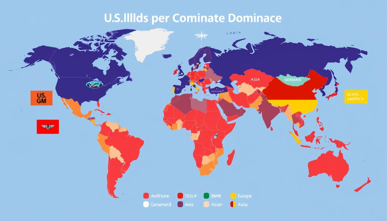 Global map highlighting the market presence of major US and German automotive brands across different regions