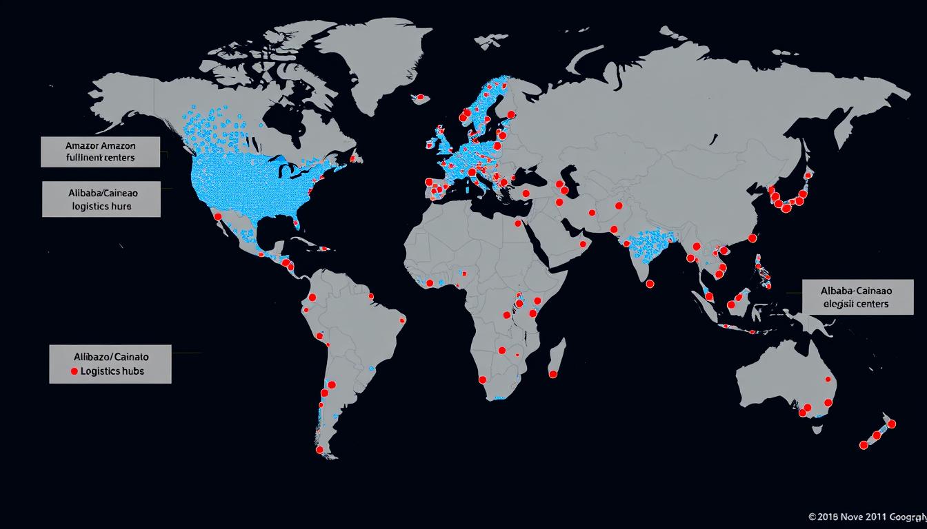 Global map showing Amazon and Alibaba infrastructure and facilities worldwide