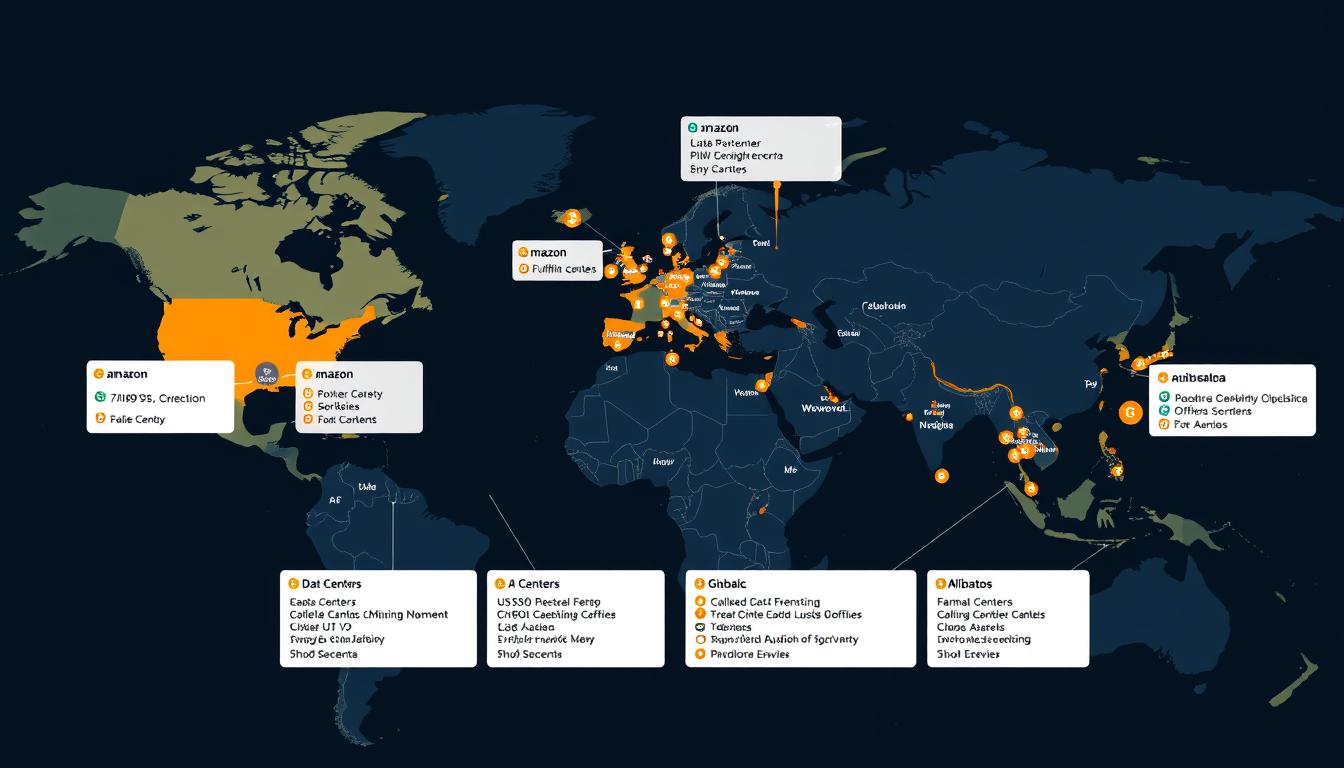 Global map showing Amazon and Alibaba infrastructure and logistics networks