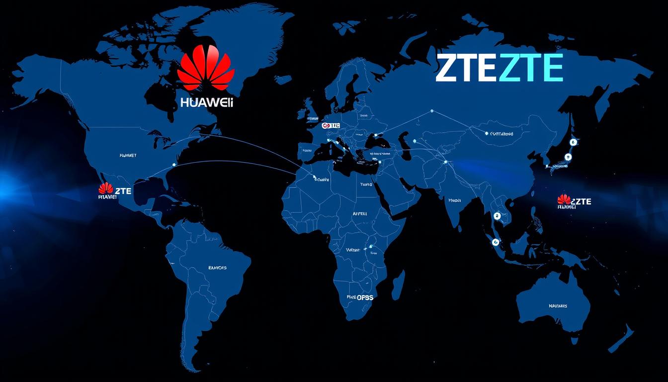 Global map showing Huawei vs ZTE 5G technology comparison partnerships with telecom operators Global map showing Huawei vs ZTE 5G technology comparison partnerships with telecom operators