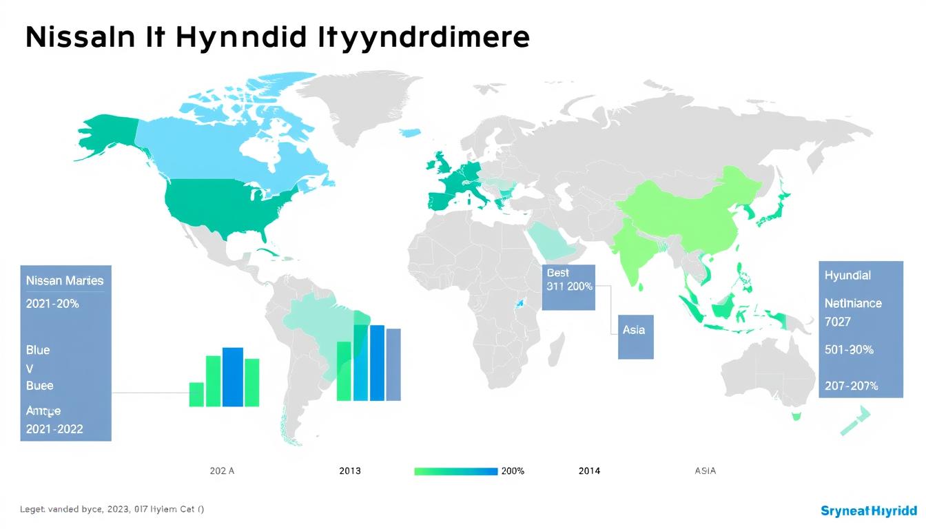 Global map showing Nissan and Hyundai hybrid vehicle market penetration across different regions in the ongoing hybrid car race
