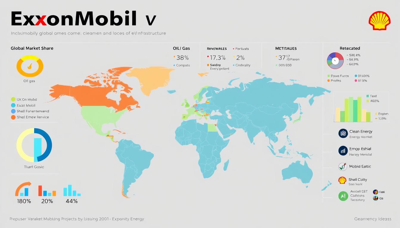 Global market share comparison between ExxonMobil and Shell across energy sectors