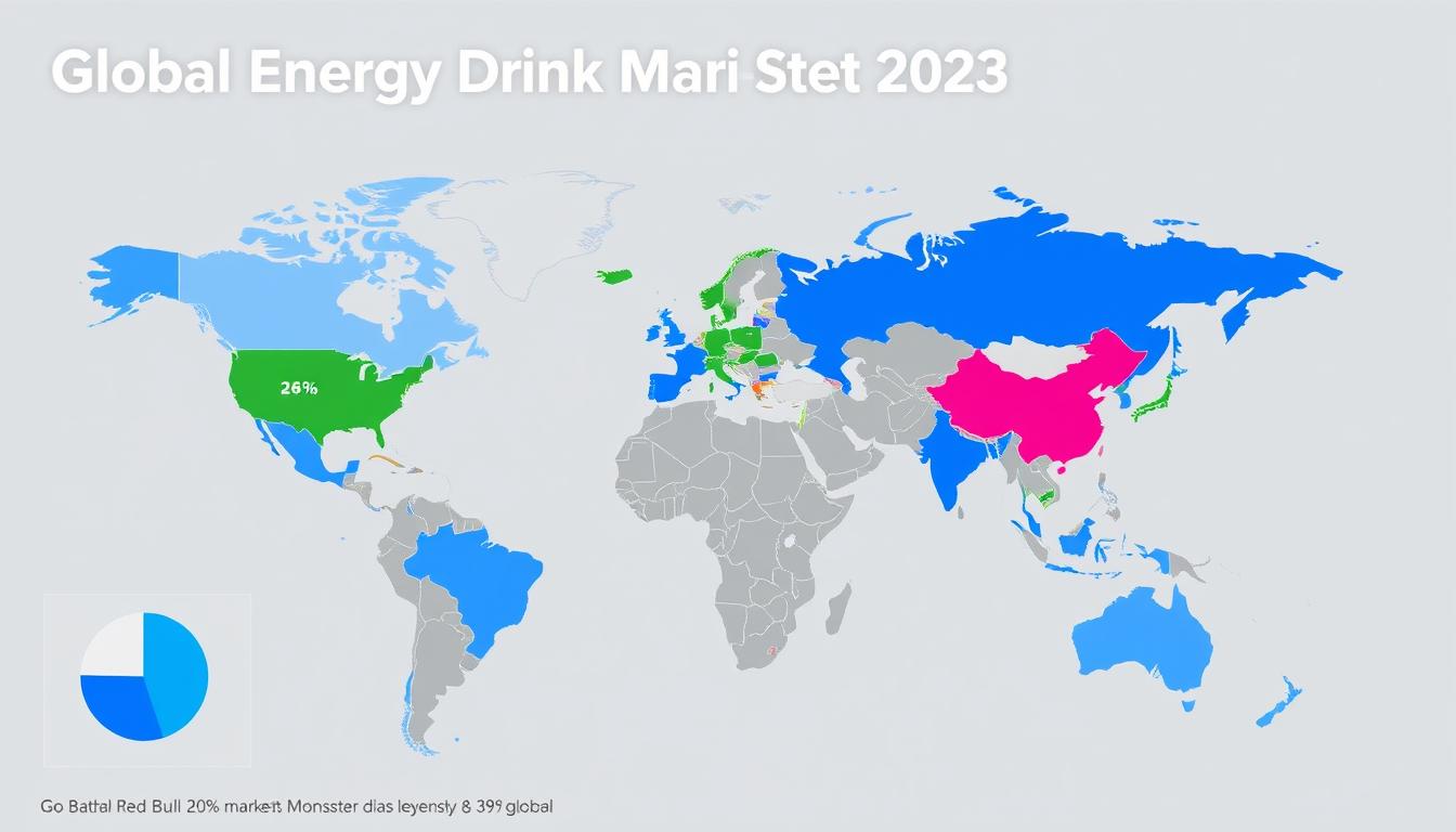 Global market share pie chart comparing Red Bull vs Monster energy drink dominance by region