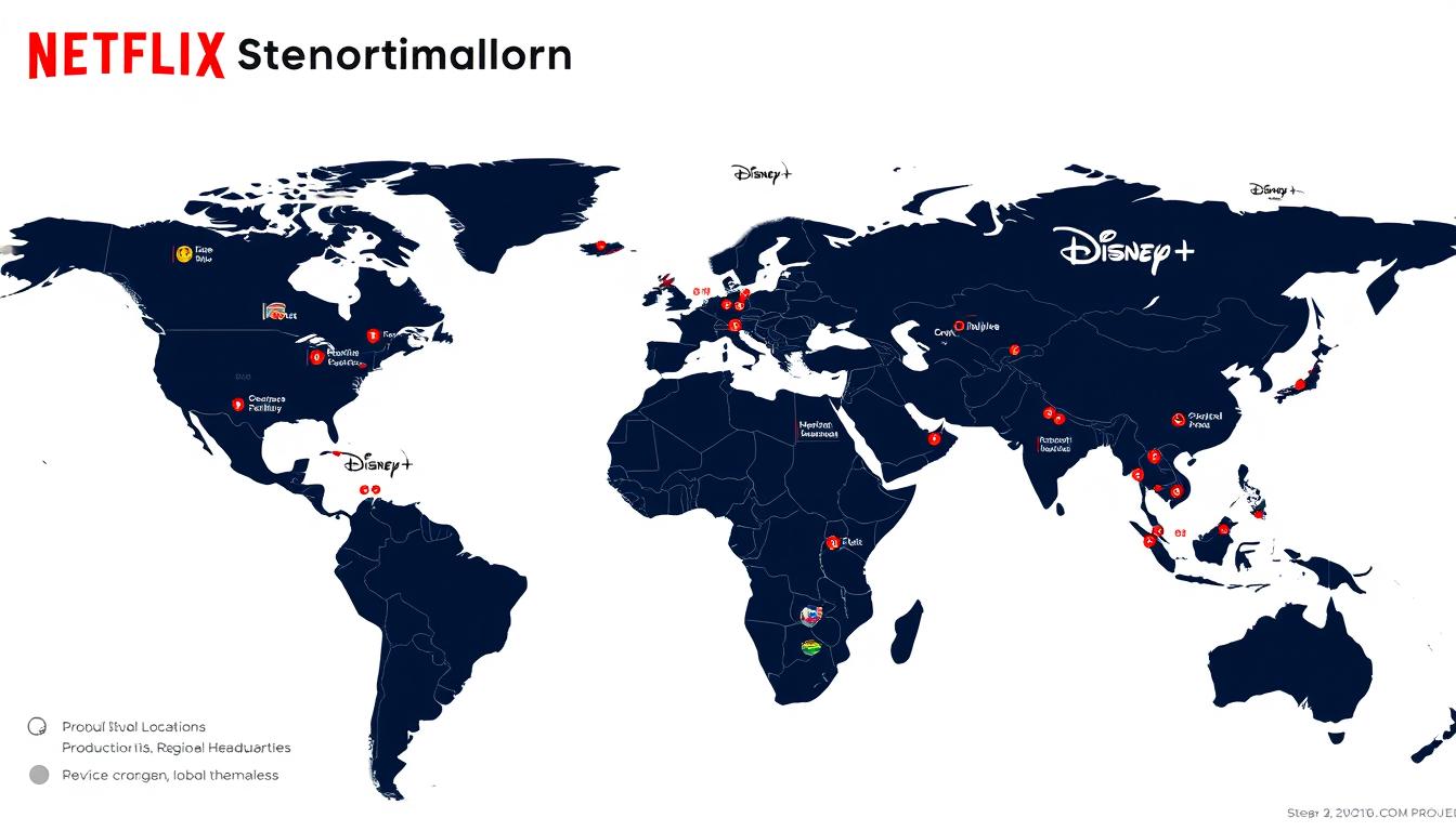 Global production infrastructure map showing Netflix and Disney+ studio locations and content hubs Global production infrastructure map showing Netflix and Disney+ studio locations and content hubs