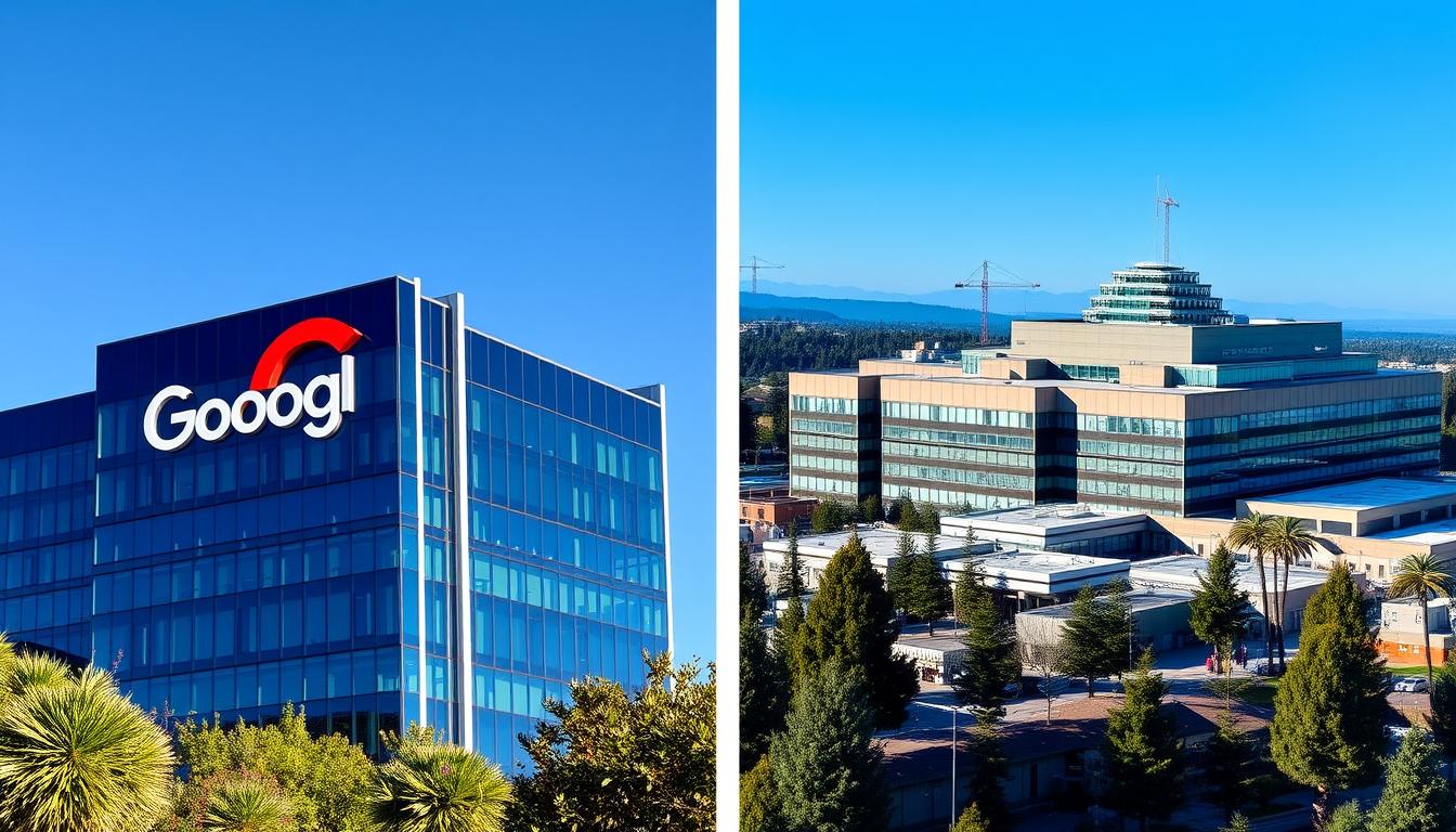 Google and Microsoft headquarters buildings side by side showing the Google vs Microsoft AI and Cloud Services Comparison visually