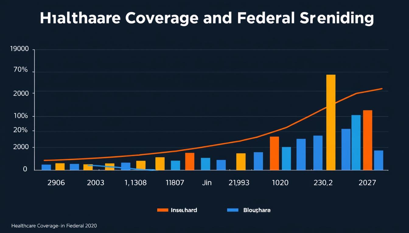 Graph showing healthcare coverage rates and federal healthcare spending across presidential administrations with Trump Economic Policy Comparison highlighted