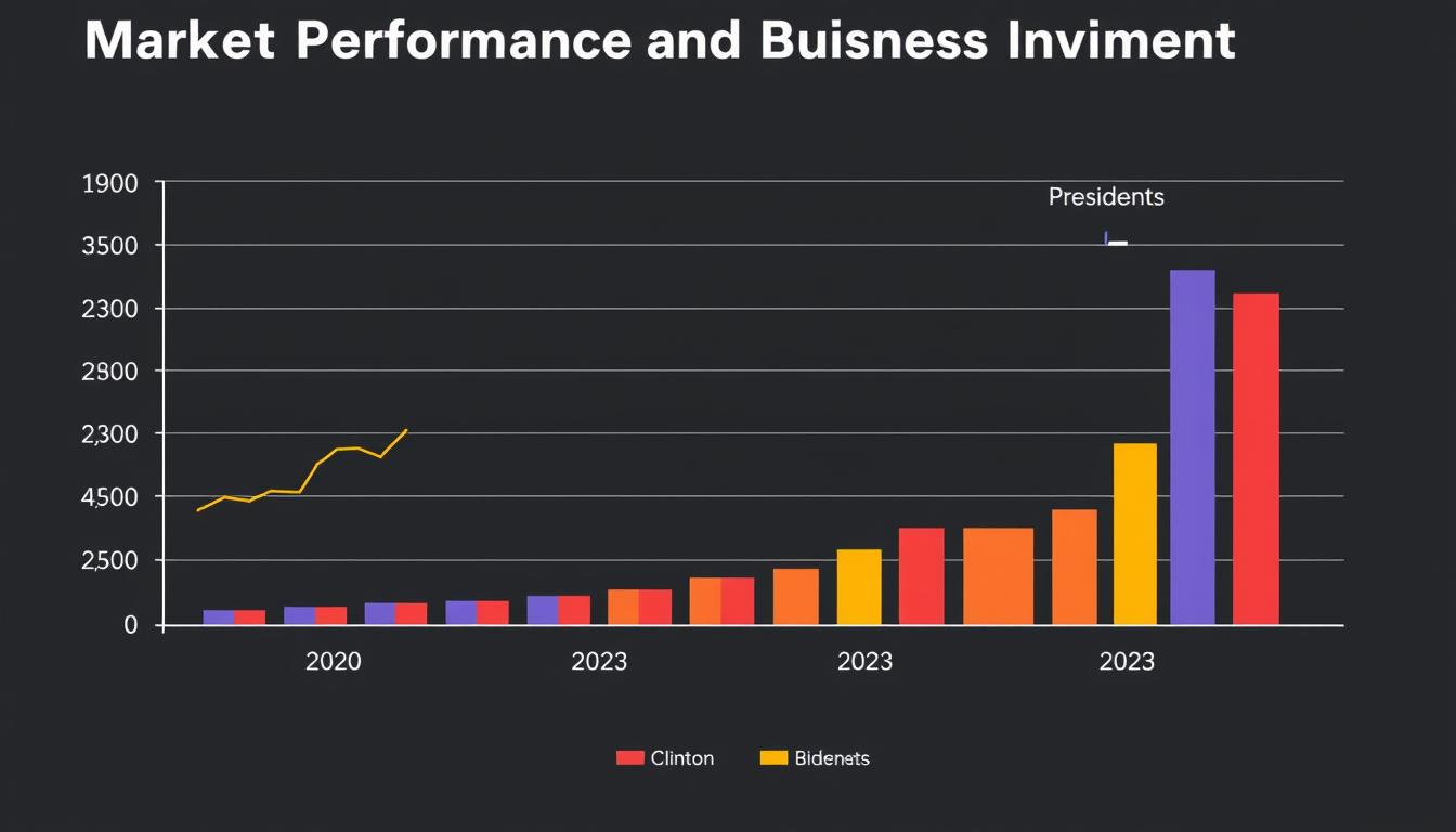 Graph showing stock market performance and business investment across presidential administrations with Trump Economic Policy Comparison highlighted