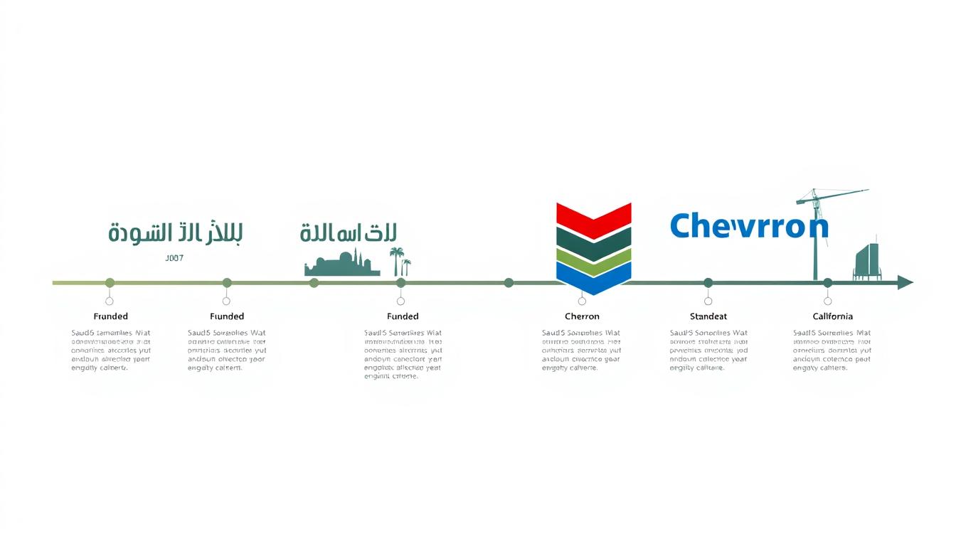 Historical timeline showing the founding and evolution of Saudi Aramco (1933) and Chevron (1879)