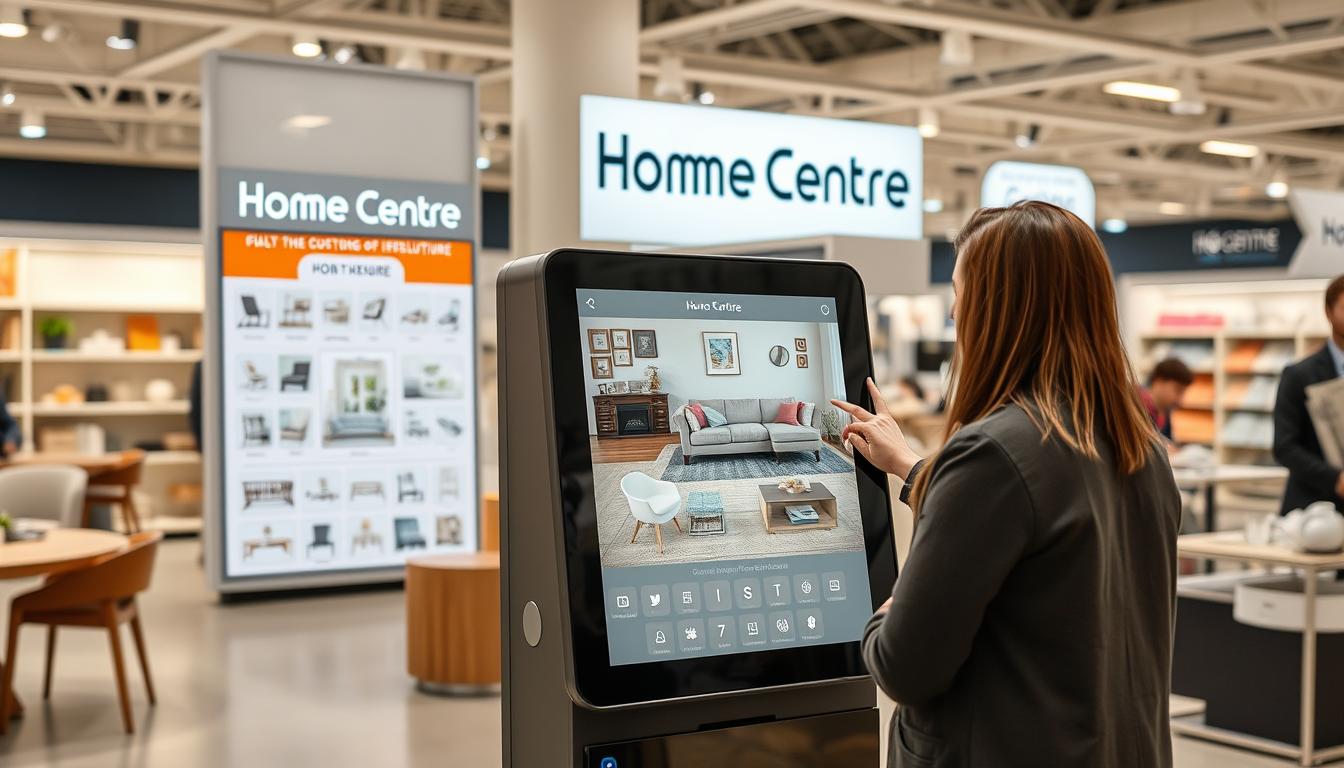 Home Centre digital kiosk showing product customization options