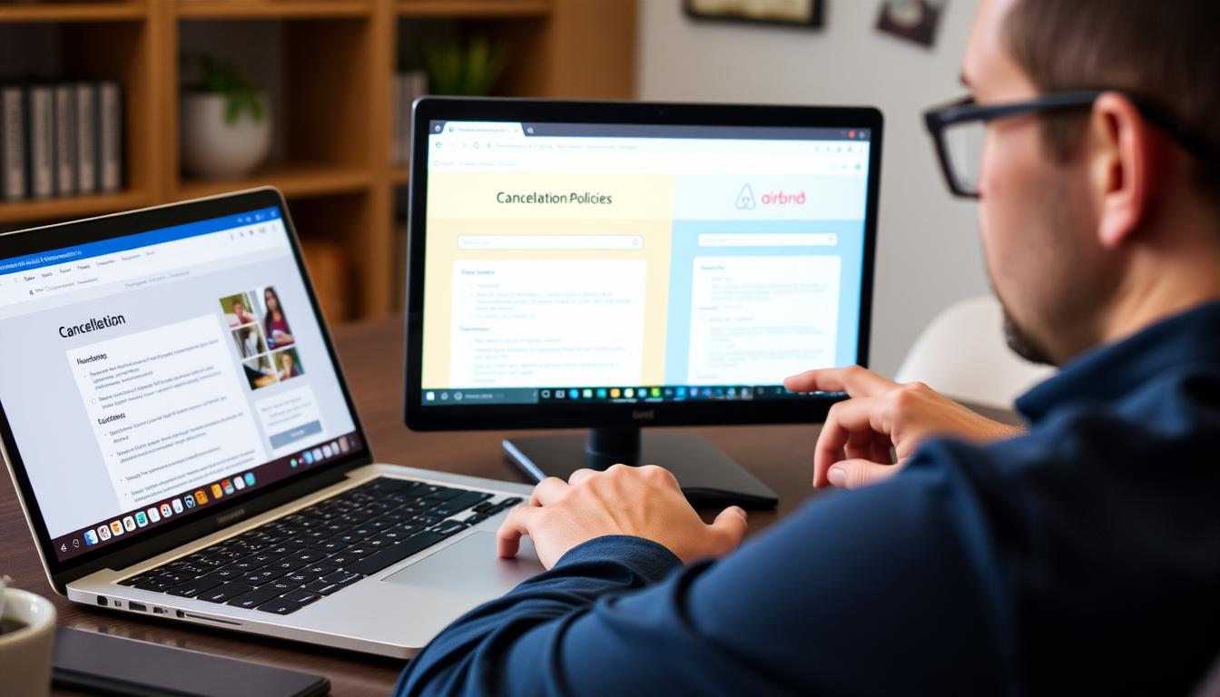 Host reviewing cancellation policies on both Booking vs Airbnb platforms Host reviewing cancellation policies on both Booking vs Airbnb platforms
