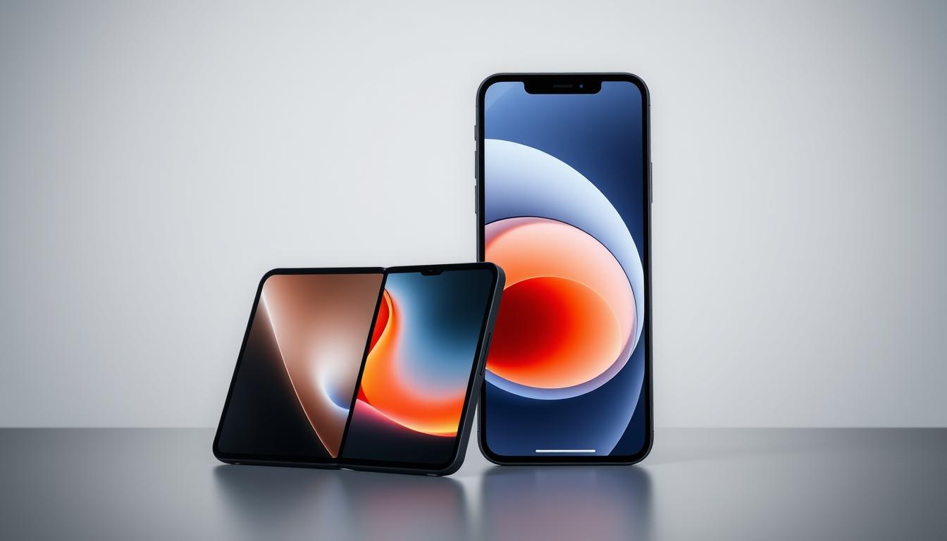 Huawei Mate XT tri-fold phone next to Apple iPhone 16 showing technological innovation