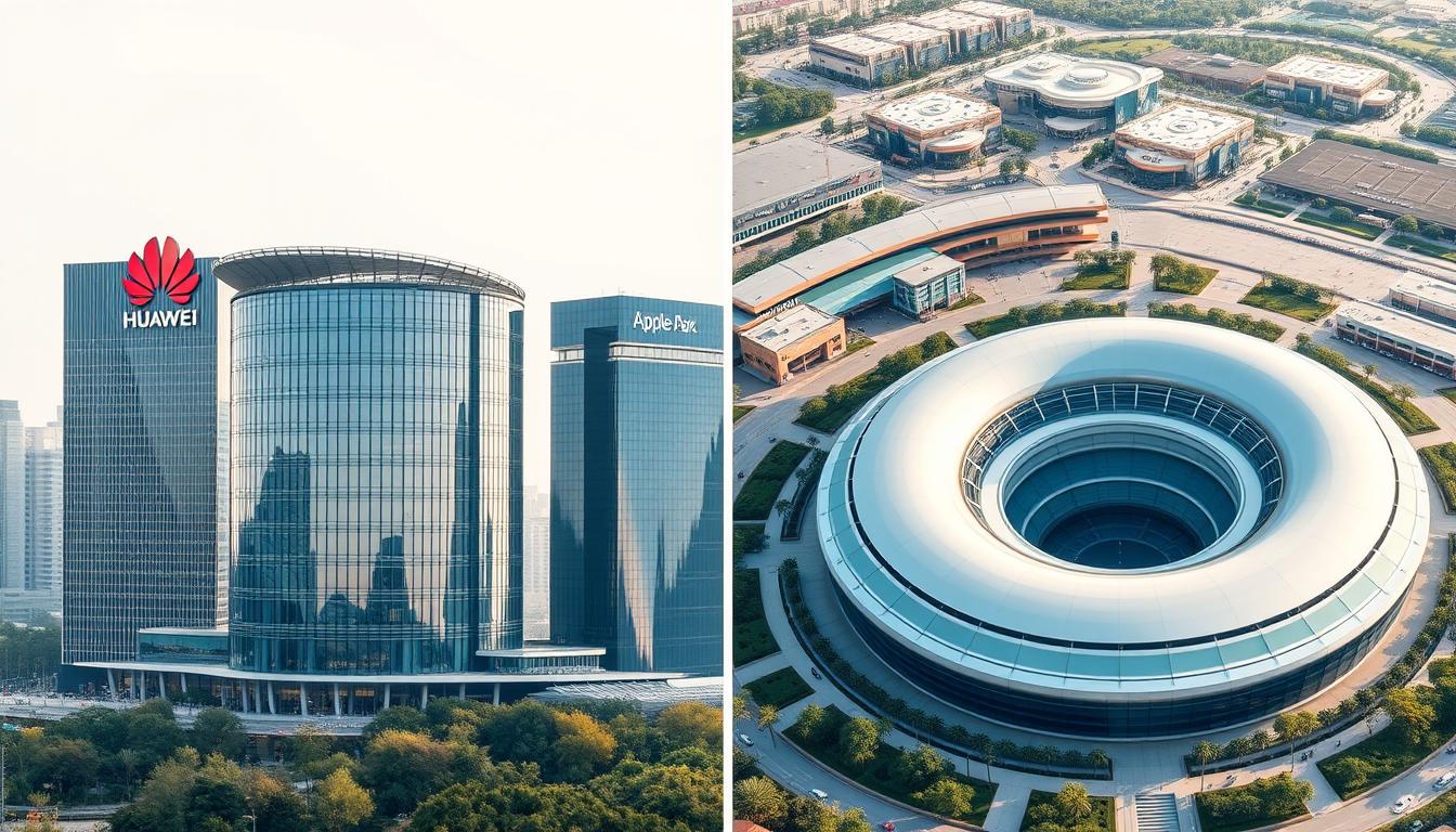 Huawei and Apple headquarters side by side showing contrast in corporate architecture