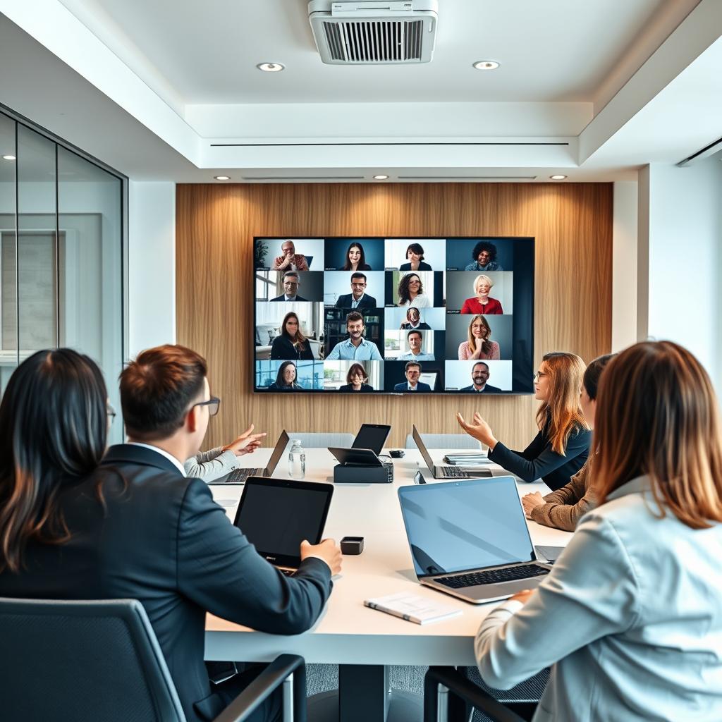 Hybrid work meeting showing in-office and remote participants collaborating Hybrid work meeting showing in-office and remote participants collaborating