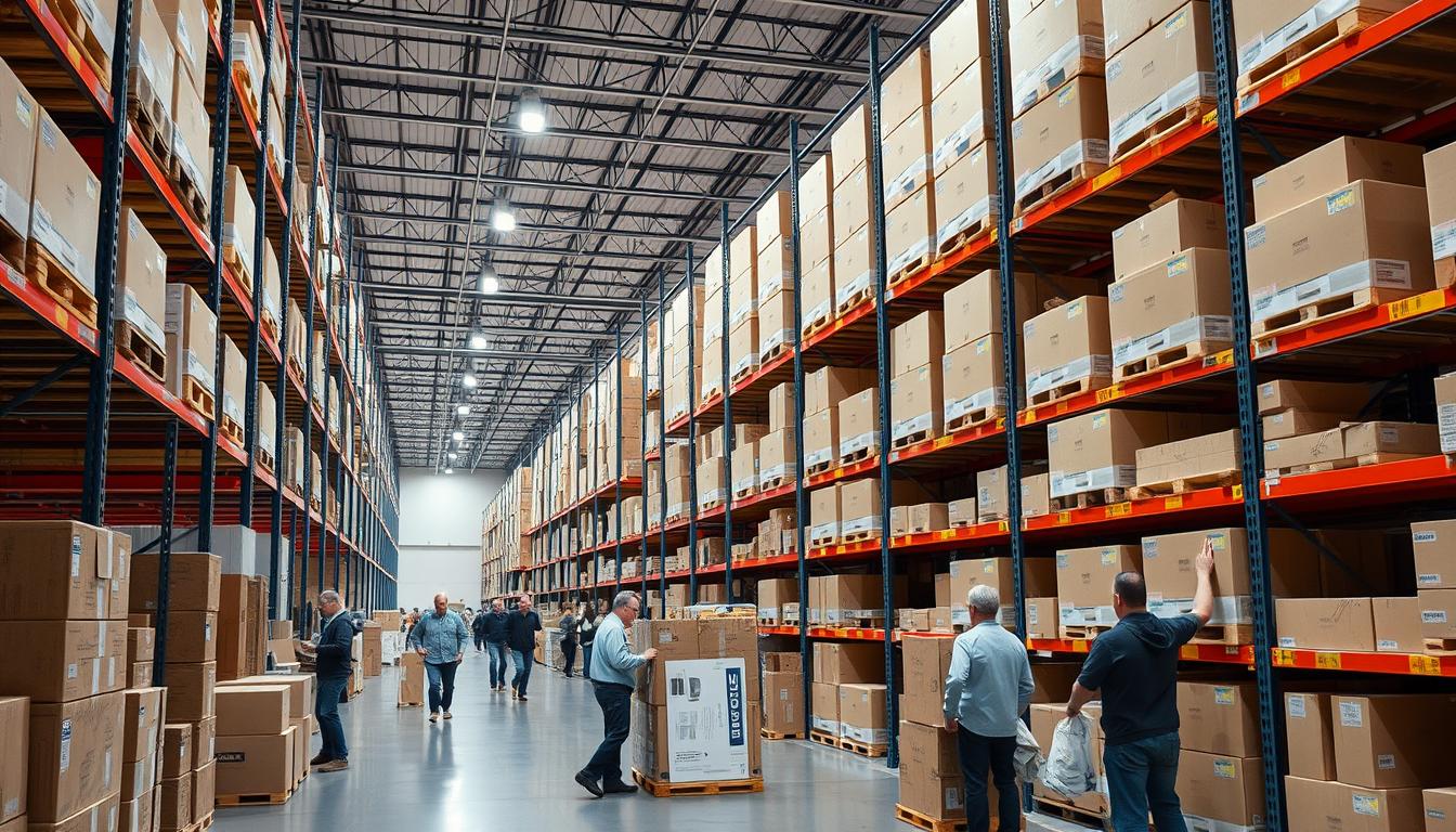 IKEA warehouse self-service area with customers selecting boxed furniture