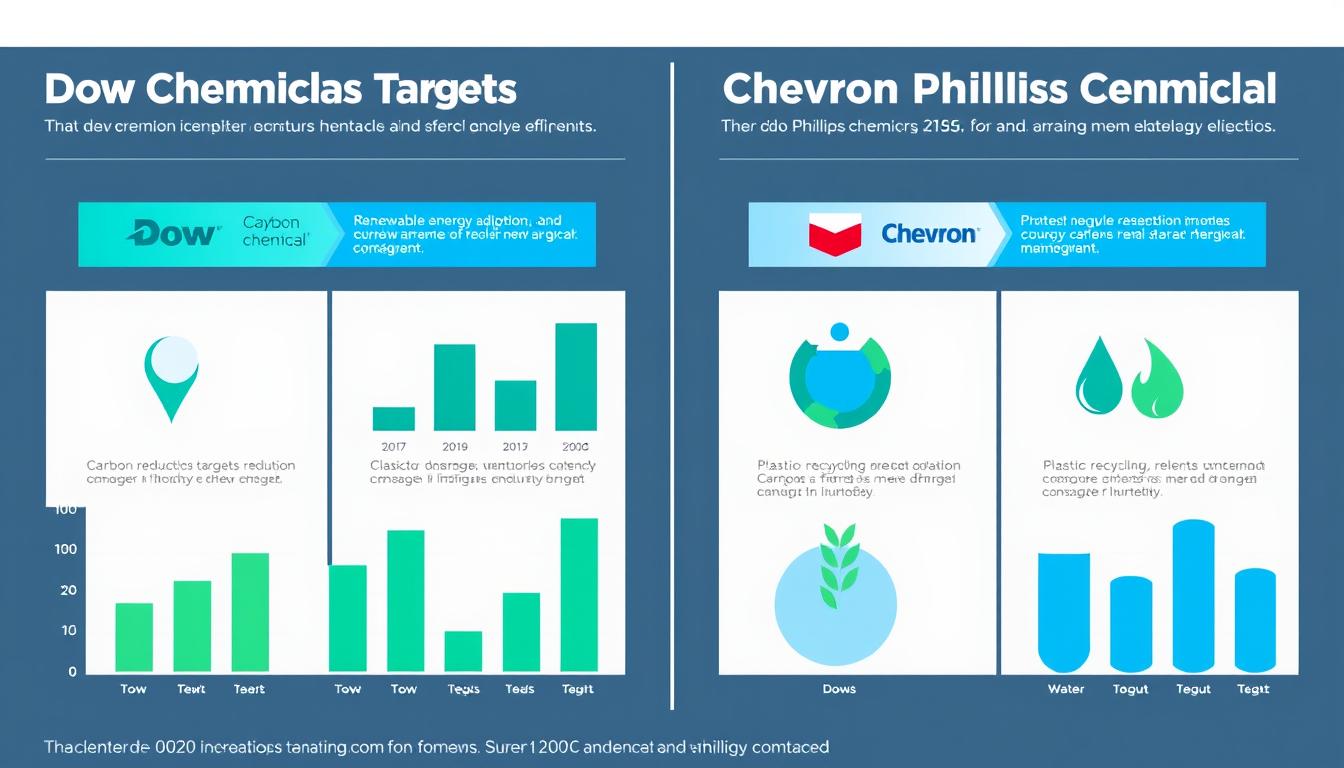 Infographic comparing sustainability targets and achievements between Dow and Chevron Phillips Chemical in the petrochemical market Infographic comparing sustainability targets and achievements between Dow and Chevron Phillips Chemical in the petrochemical market