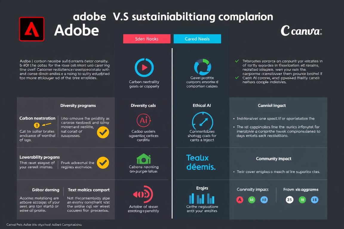 Infographic showing Adobe and Canva's sustainability initiatives and corporate responsibility programs