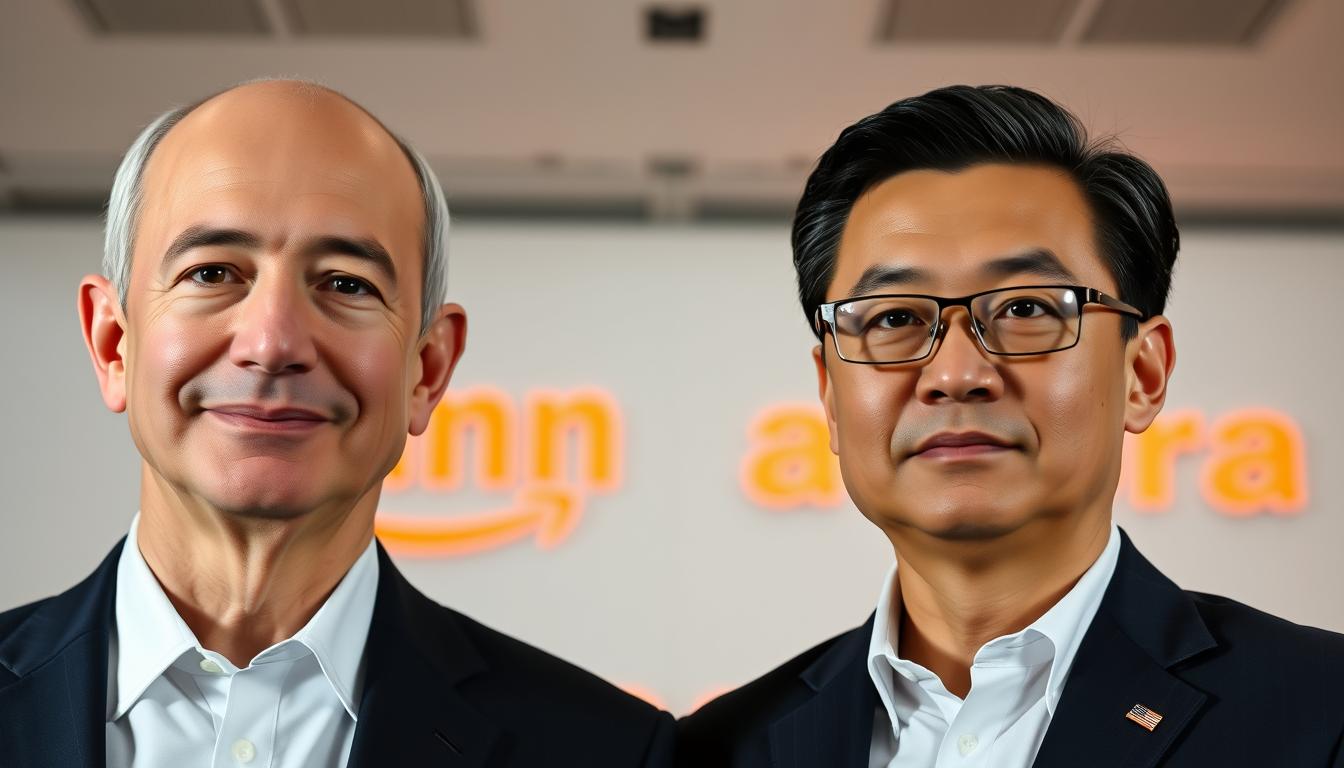 Jeff Bezos and Jack Ma side by side with Amazon and Alibaba logos