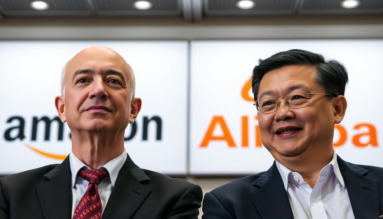 Jeff Bezos and Jack Ma side by side with Amazon and Alibaba logos