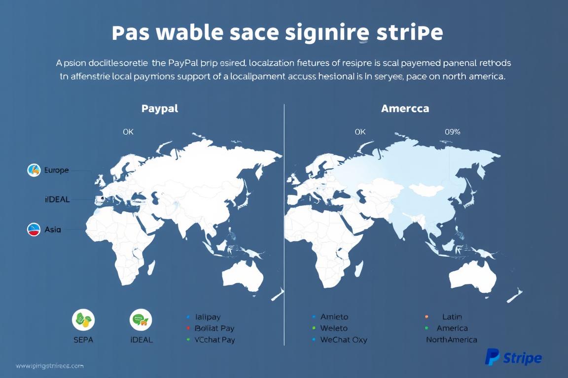 Localization features comparison showing PayPal vs Stripe support for regional payment methods across different countries Localization features comparison showing PayPal vs Stripe support for regional payment methods across different countries