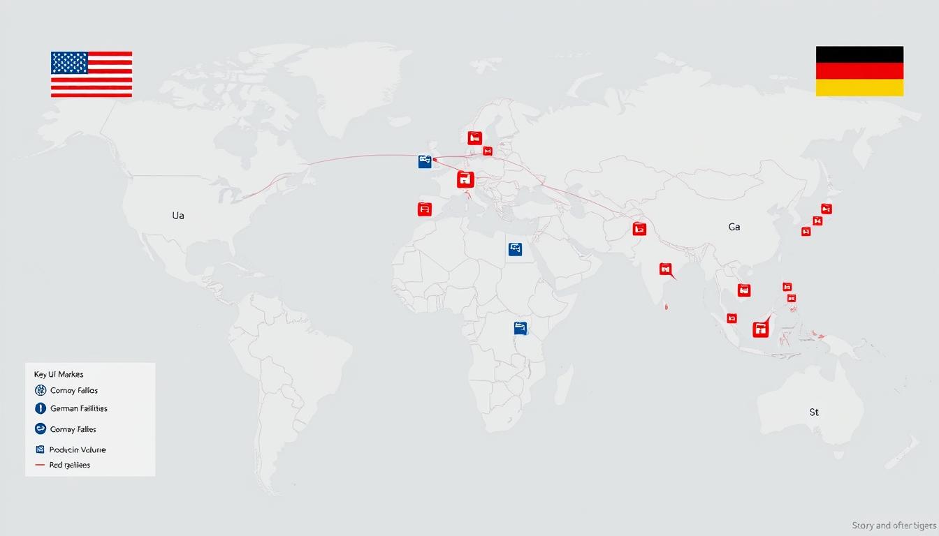 Map of global manufacturing facilities and joint ventures established by US and German automakers