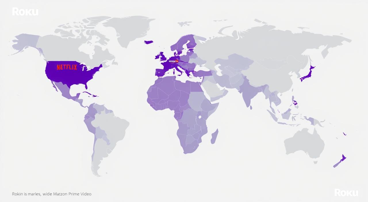 Map showing Roku's global expansion compared to Netflix and Amazon Prime Video illustrating how Roku outperform Netflix and Amazon in key markets Map showing Roku's global expansion compared to Netflix and Amazon Prime Video illustrating how Roku outperform Netflix and Amazon in key markets