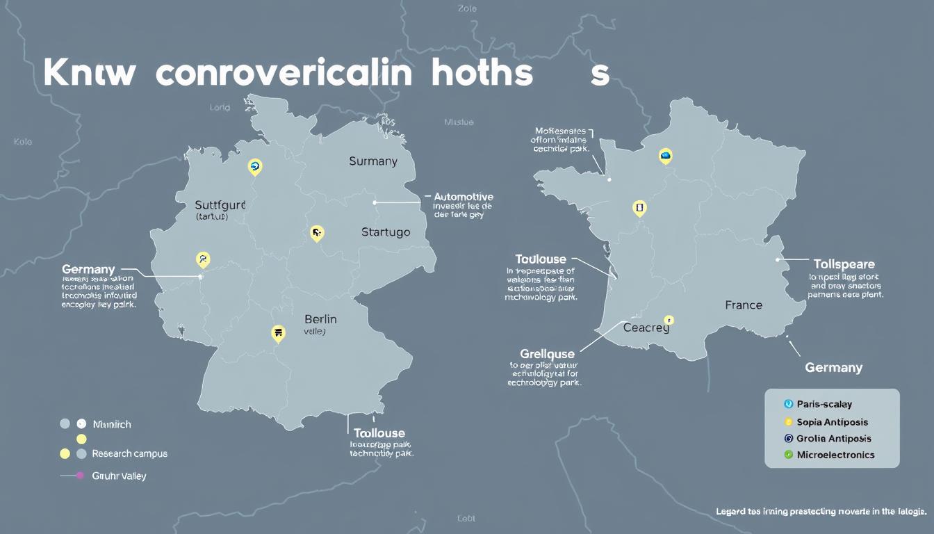Map showing key innovation hubs across Germany and France with specialization areas Map showing key innovation hubs across Germany and France with specialization areas