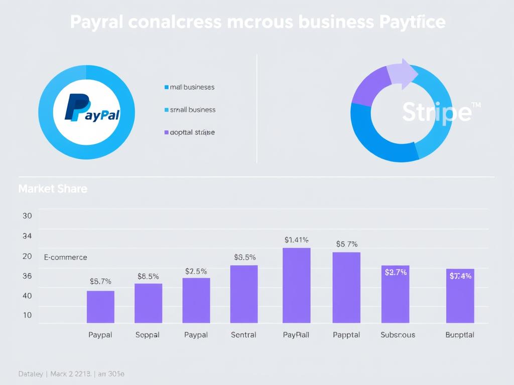 Market share pie chart comparing PayPal vs Stripe adoption across different business segments
