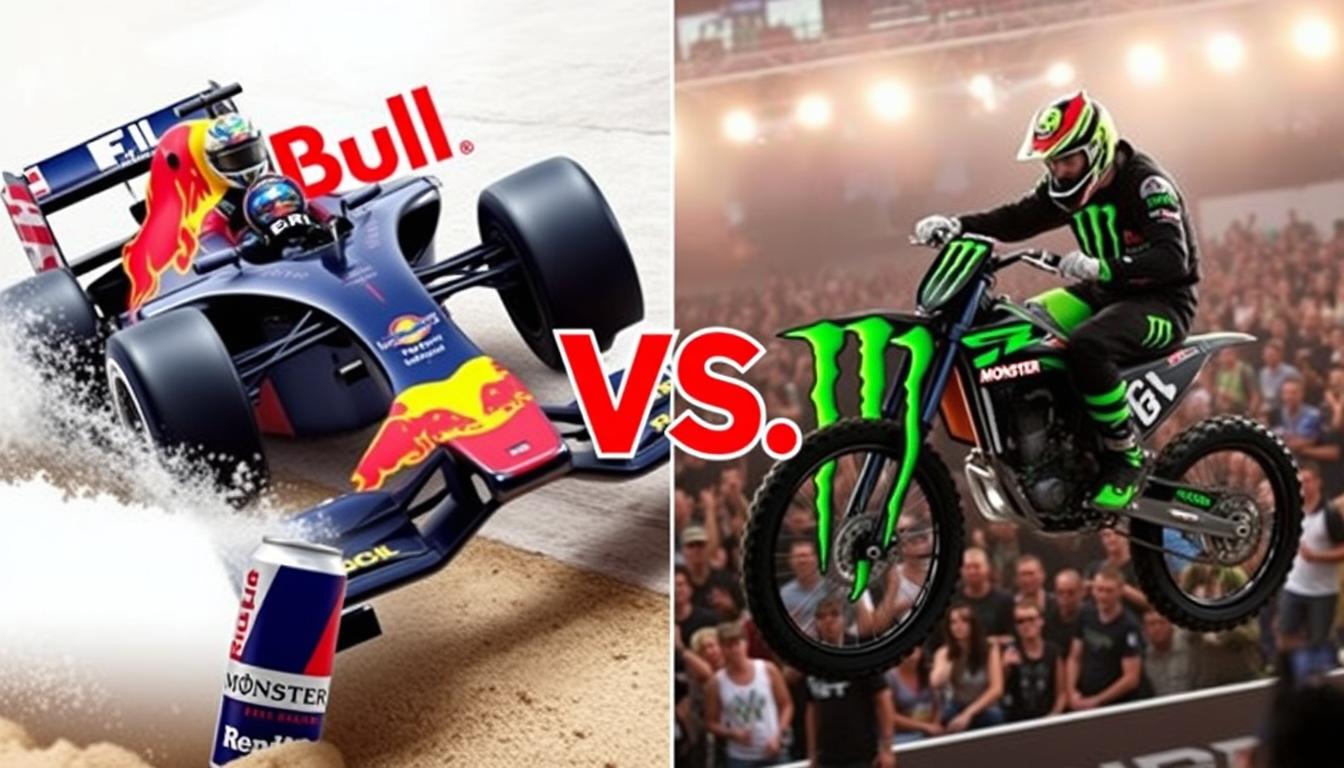 Marketing comparison showing Red Bull and Monster energy drink sponsorships and events