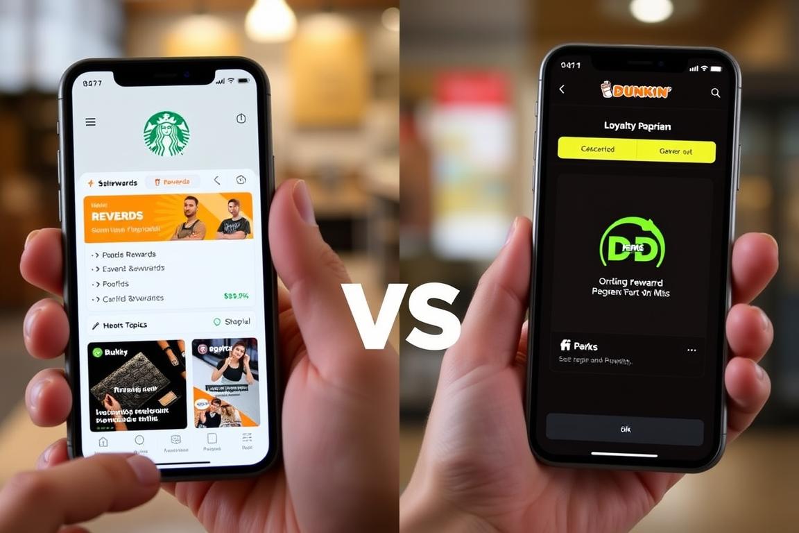 Mobile app interfaces showing Starbucks vs Dunkin' digital ordering and loyalty programs