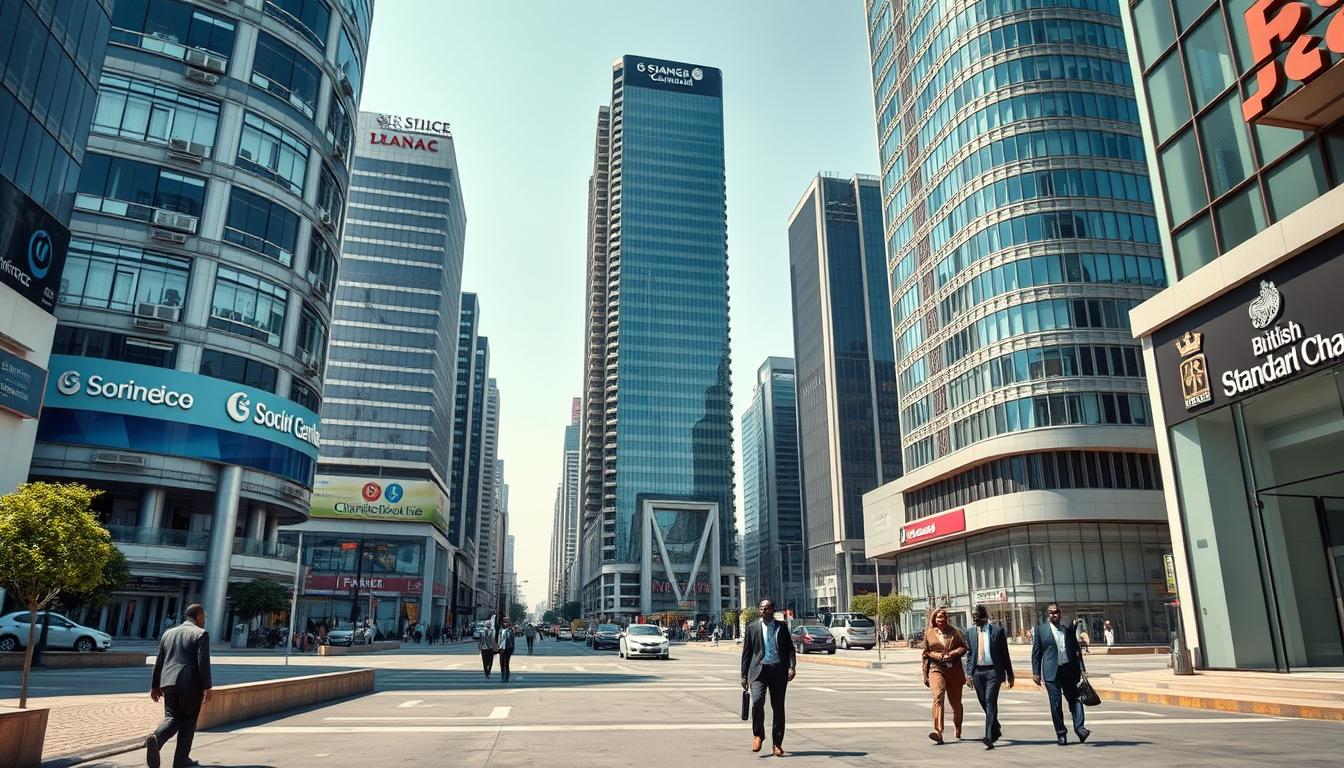 Modern African financial district showing banks and financial institutions from France and UK